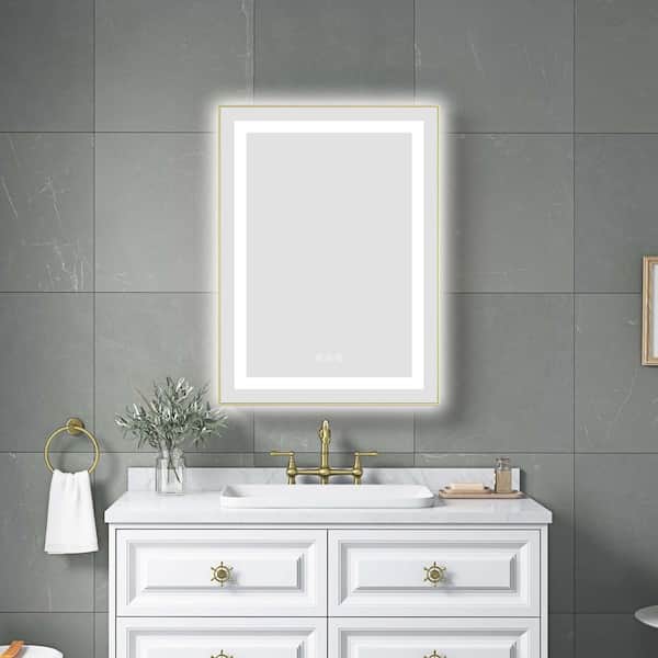 Brushed Gold 24.00 in. W x 32.00 in. H LED Modern Rectangle Aluminium Framed Wall Mirror