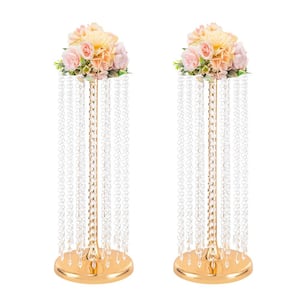 2-Piece 23.6 in. Tall Wedding Centerpieces Tabletop Flower Vases Gold Metal Crystal Flower Stand