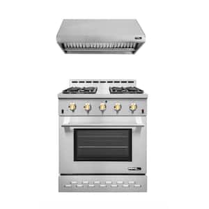 Entree Bundle 30 in. 4.5 cu. ft. Pro-Style Gas Range with Convection Oven and Range Hood in Stainless Steel and Gold
