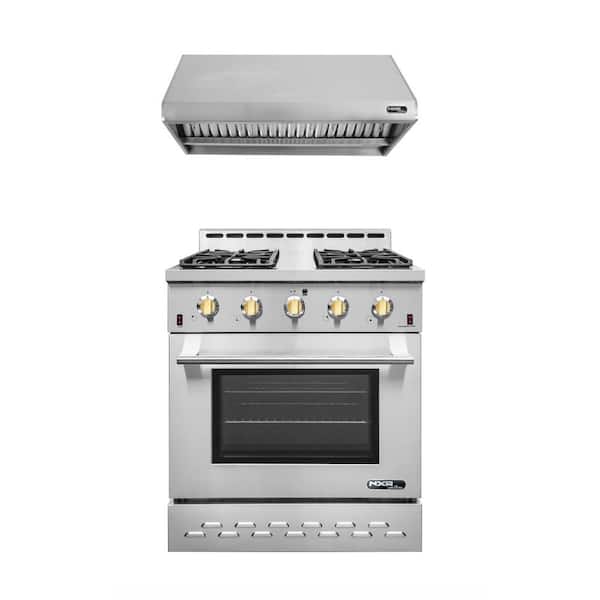 NXR Entree Bundle 30 in. 4.5 cu. ft. Pro-Style Gas Range with Convection Oven and Range Hood in Stainless Steel and Gold