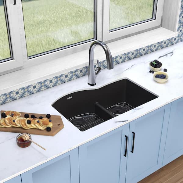 Quartz Classic 33 in. Undermount Offset Double Bowl Black Granite/Quartz Composite Kitchen Sink Kit w/ Faucet and Accs