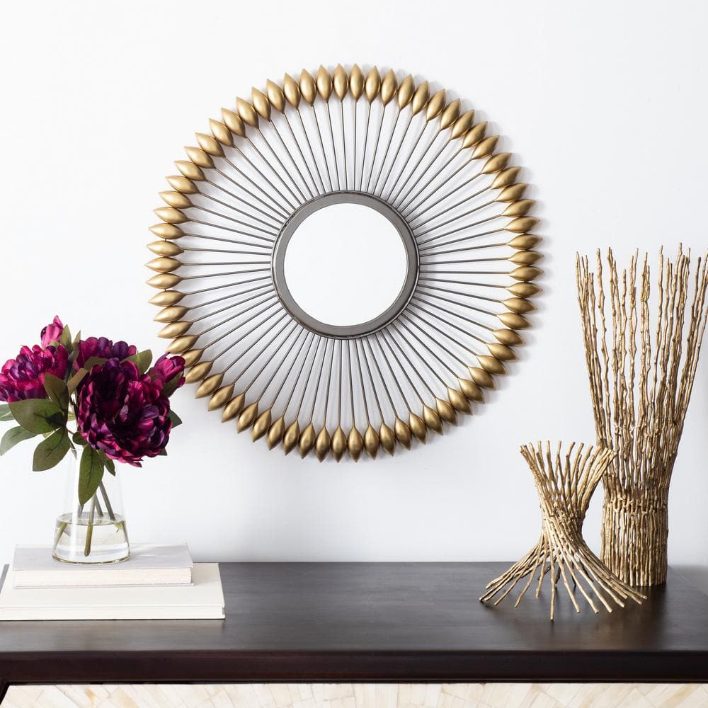 Contemporary Radiant Gold & Wood 23" Round Mirror
