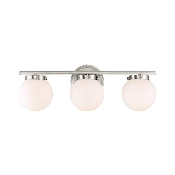 Savoy House 24 in. W x 8 in. H 3-Light Brushed Nickel Bathroom Vanity Light with White Glass Shades