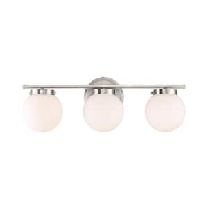 24 in. W x 8 in. H 3-Light Brushed Nickel Bathroom Vanity Light with White Glass Shades