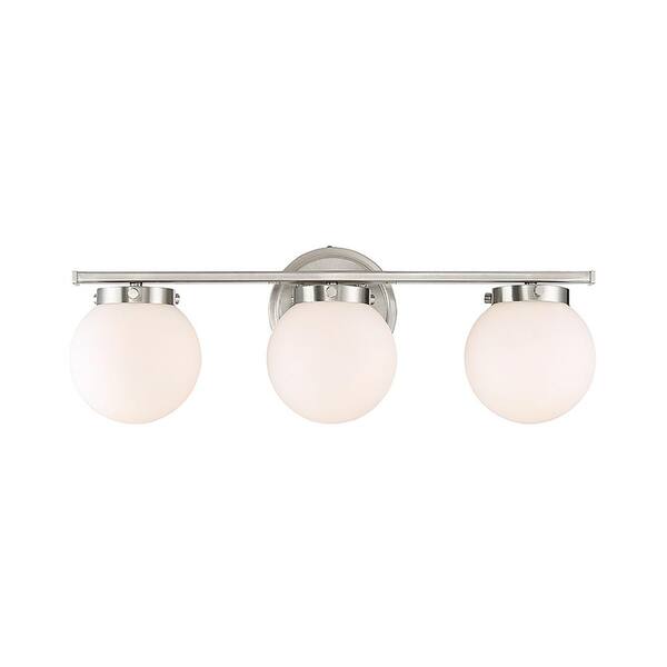 TUXEDO PARK LIGHTING 24 in. W x 8 in. H 3-Light Brushed Nickel Bathroom Vanity Light with White Glass Shades