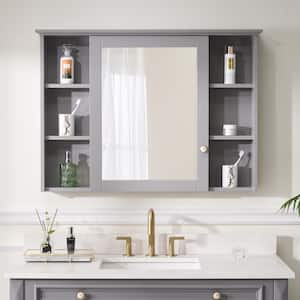 42 in. W x 30 in. H Rectangular Solid Wood Surface Mount Medicine Cabinet with Mirror 2-Soft-Closed Doors Easy Hang Gray