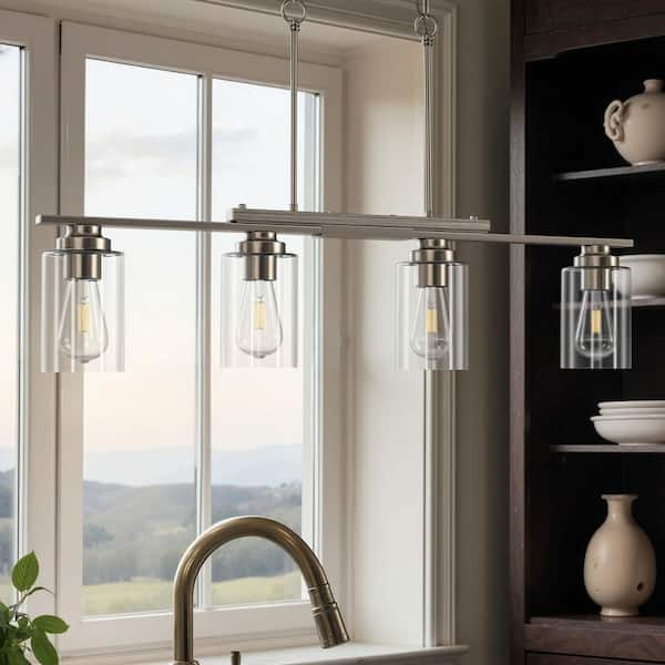 60-Watt 4 Light Brushed Nickel Shaded Pendant Light Kitchen Island Lighting with Clear Glass Shade and Adjustable Rods