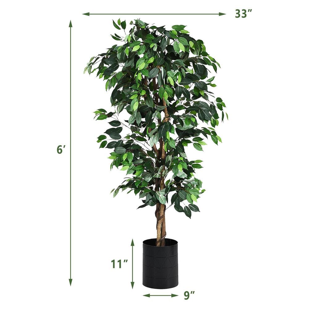 6-Foot Green Artificial Ficus Silk Tree with Wood Trunks