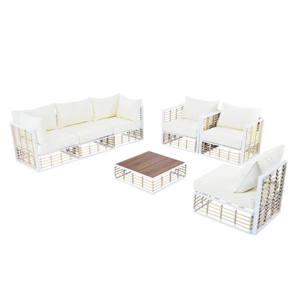 Tenleaf 7-Piece White Metal All-Weather Patio Conversation Set with Beige Cushions, Coffee Table
