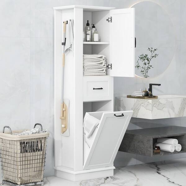 20.3 in. W x 13.8 in. D x 67.8 in. H White Wood Freestanding Adjustable Shelves Linen Cabinet with Tilt-Out Compartment