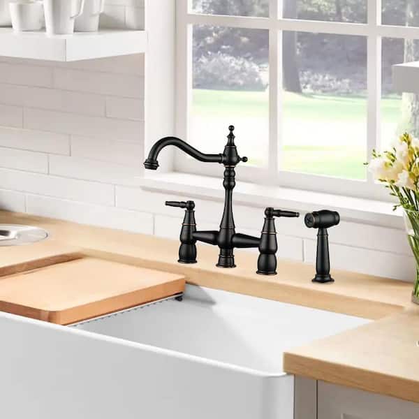 Brass Double Handle Bridge Kitchen Faucet with Side Sprayer in Oil Rubbed Bronze
