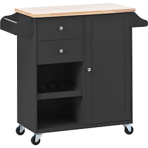Black Wood 41.3 in. W Kitchen Cart with Spice Rack, Towel Rack and 2-Drawers and 4 Wheels
