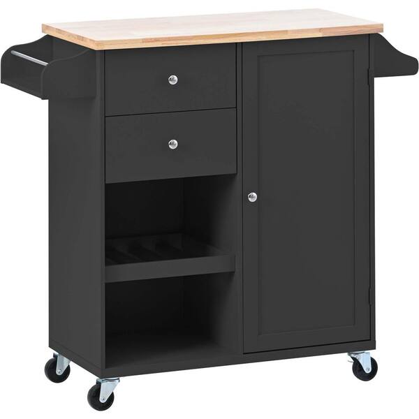 Unbranded Black Wood 41.3 in. W Kitchen Cart with Spice Rack, Towel Rack and 2-Drawers and 4 Wheels