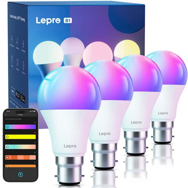 60-Watt Equivalent A19 2.4G WiFi Color Changing A-Shape AI Smart LED Light Bulb powered by Lepro with Bluetooth (4-Pack)