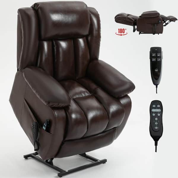 36.22 in. W Antique Brown Faux Leather Power Lift Recliner Chair with Massage and Heating