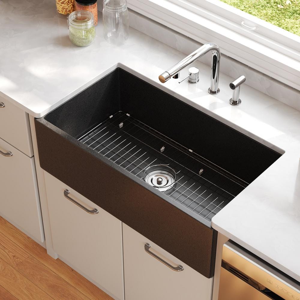 Dark Brown Concrete Farmhouse Kitchen Sink with Stainless Steel Grid