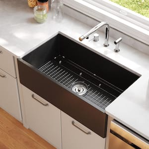 Dark Brown 33 in. Farmhouse Apron Front Single Bowl Concrete Kitchen Sink with Grid and Strainer