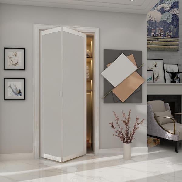 Sliding Closet Double Bi-fold Doors | Planum Painted White with Frosted  Glass | Moldings Trims Hardware Set