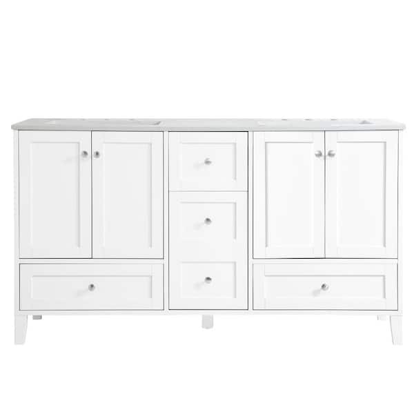 Unbranded Simply Living 60 in. W x 22 in. D x 34 in. H Bath Vanity in White with Calacatta White Engineered Marble Top