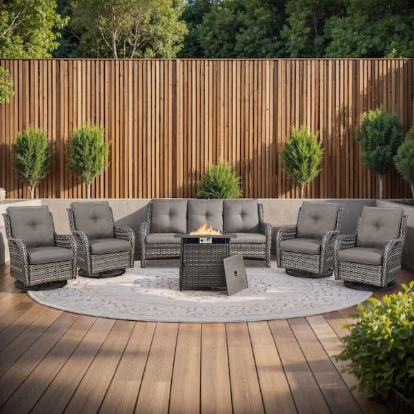 moosprr 6-Piece Gray Wicker Fire Pit Conversation Set with Olefin Gray Cushions and 4 Swivel Glider Chairs and Couch