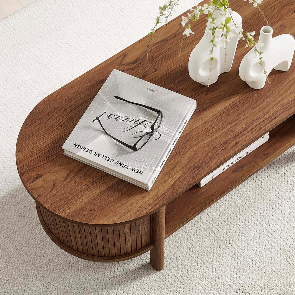 Walnut Oval Coffee Table with Open Storage and Fluted Sides