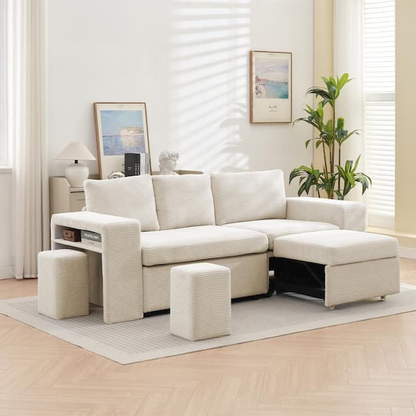 JEAREY 90.94 in. Beige Corduroy Upholstered L-Shaped Sleeper Sectional Sofa with Storage and Removable Ottomans for Living Room