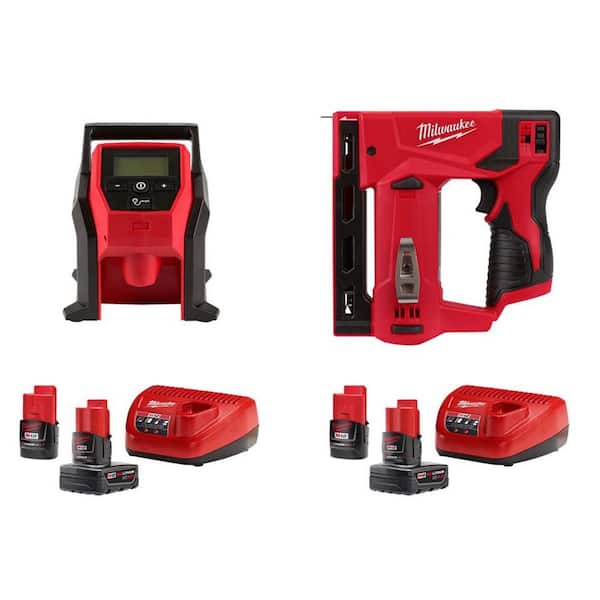 Milwaukee M12 Compact Inflator Kit with M12 Cordless 3/8 Crown Stapler 4.0 Ah and 2.0 Ah Battery Packs and Charger (2-Pack)