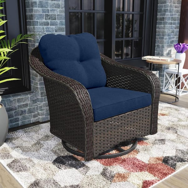 Wicker Patio Swivel Outdoor Rocking Chair Lounge Chair with Blue Cushions