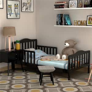 Kids Toddler Wood Bed Bedroom Furniture w/ Guardrails Black