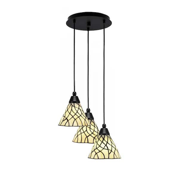 Unbranded Savannah 8.75 in. 3-Light Matte Black Cord Pendant Light Sandhill Art Glass Shade
