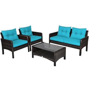 4-Piece PE Wicker Outdoor Patio Conversation Sofa Set with Blue Cushions