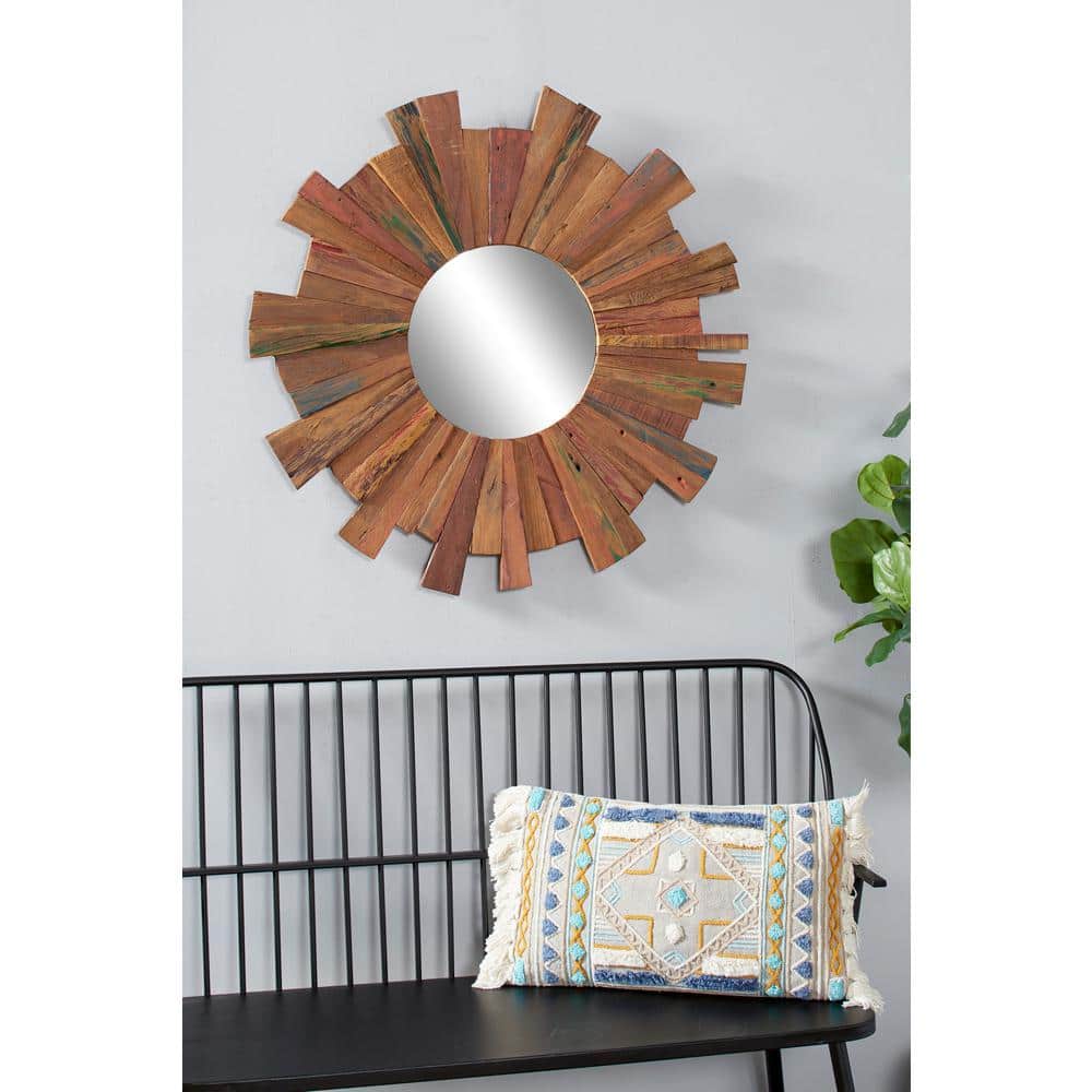Large Eclectic Multicolor Reclaimed Wood Round Wall Mirror