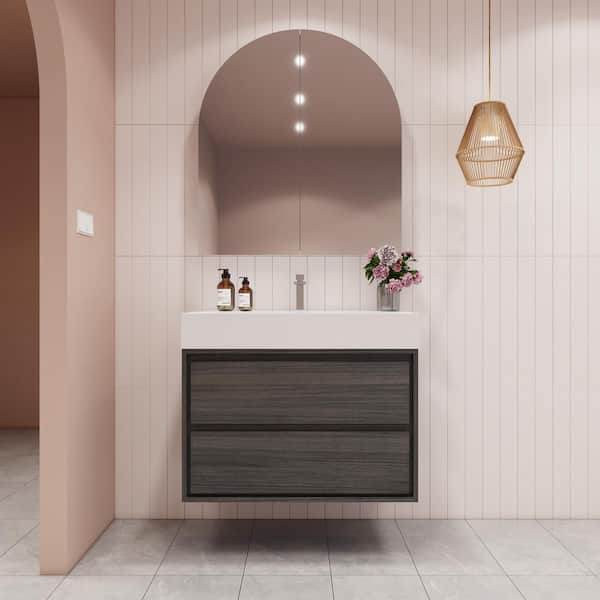 BV Better Vanity Saggie 36 in. W. x 20 in. D x 28 in. H Single Sink Floating Bath Vanity in Dark Gray Oak with White Acrylic Top