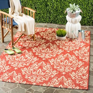 Courtyard Red/Cream Doormat 2 ft. x 4 ft. Floral Indoor/Outdoor Patio Area Rug