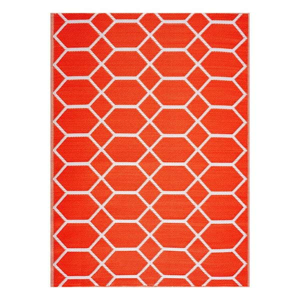 Miami Orange White 8 ft. x 10 ft. Reversible Recycled Plastic Indoor/Outdoor Area Rug