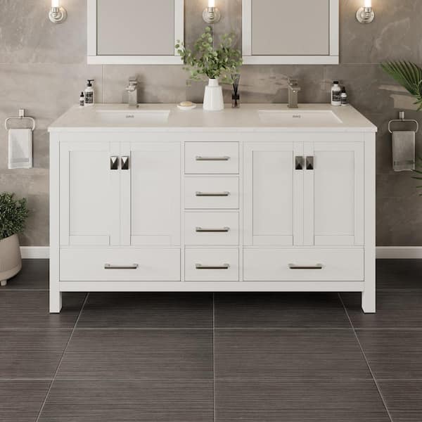 London 60 in. Double Sink White Bath Vanity with White Carrara Quartz Top (Assembled)