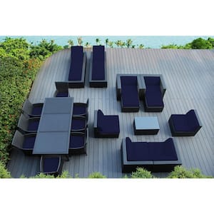 Black 20-Piece Wicker Patio Combo Conversation Set with Sunbrella Navy Cushions