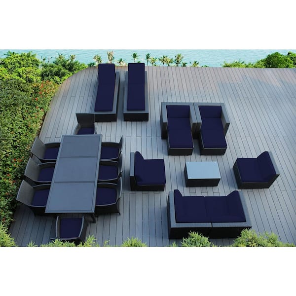 Ohana Depot Black 20-Piece Wicker Patio Combo Conversation Set with Sunbrella Navy Cushions