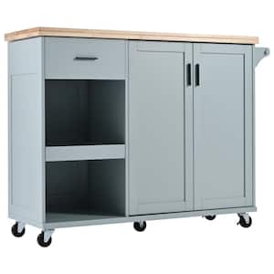 Gray Blue Wood 49 in. W Rolling Kitchen Island Cart with Foldable Counter Top, Slide-Out Shelf and 2-Doors