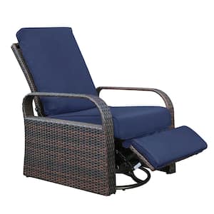 Oversized Aluminum Patio Indoor and Outdoor 360° Swivel Wicker Recliner with Thick Navy Cushion Adjustable Backrest