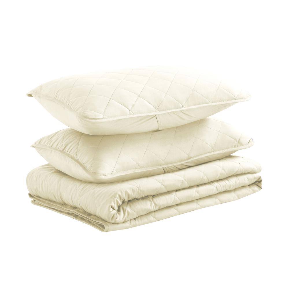 Ivory Twin Reversible Microfiber Diamond Stitch Quilt Set