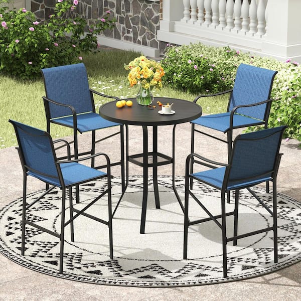 5-Piece Black Metal Round Outdoor Bistroor Set with Dark Blue Chair for Lawn Garden
