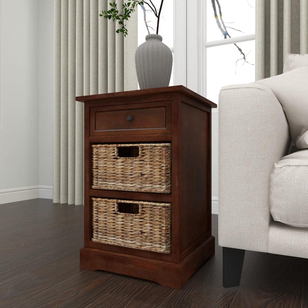 Elegant Brown Wooden Side Chest with Wicker Drawers - 33" x 20.5"