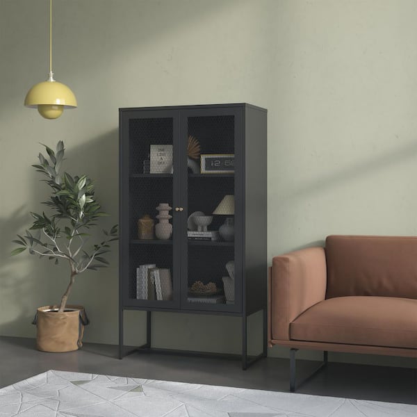 Glamour Home Bentley 59.11 in. Tall Black Steel 3-Shelf 2-Door Storage Cabinet Bookcase with Mesh Doors