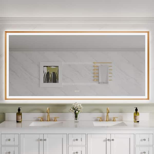 84 in. W x 40 in. H Rectangular Framed Wall LED Bathroom Vanity Mirror in Brushed Gold, Dimmable, Backlit and Frontlit
