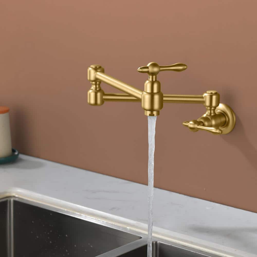 Brushed Gold Brass Double Handle Wall Mount Pot Filler Faucet