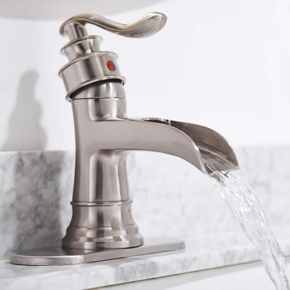 Brushed Nickel Waterfall Single-Handle Bathroom Faucet with Drain Assembly