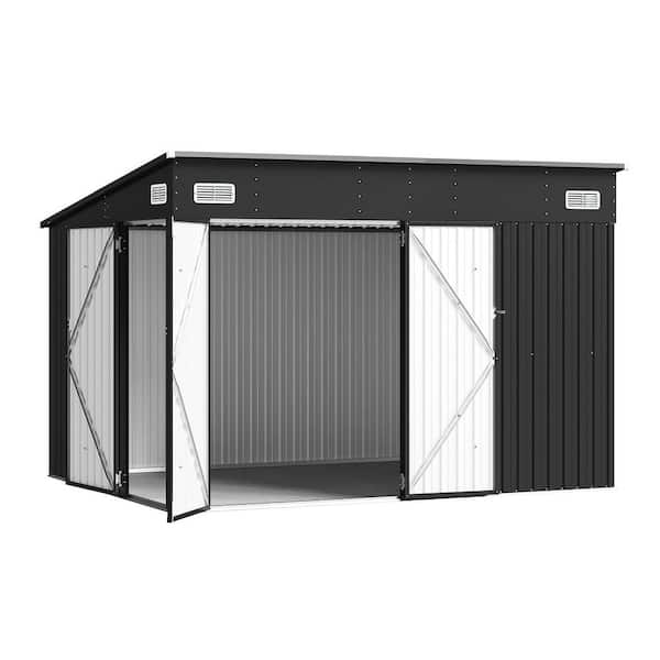 Sizzim Black 10 ft. W x 8 ft. D Outdoor Lean to Storage Metal Shed with 3 Lockable Doors, Air Vents for Garden (80 sq. ft. )