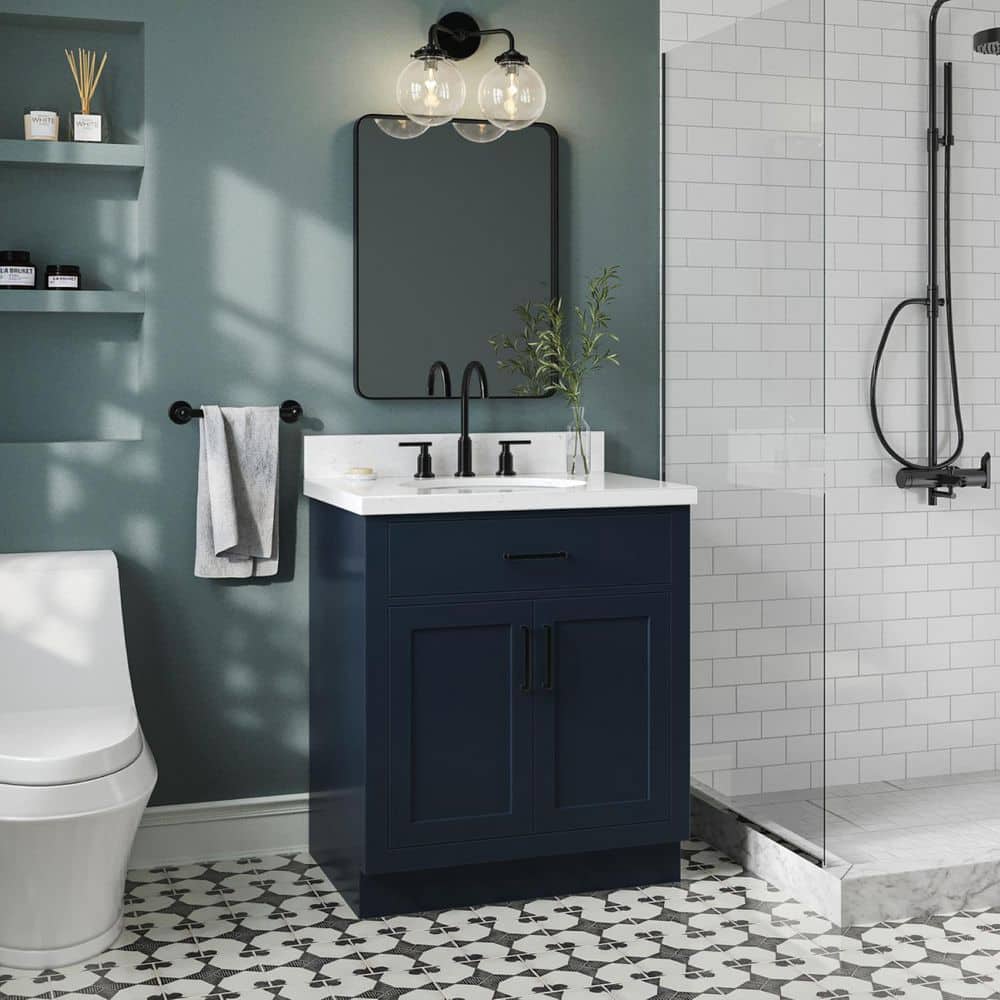 Hepburn 30 in. Single Sink Freestanding Bathroom Vanity in Midnight Blue with Carrara White Quartz Top price history on PriceWatchPro
