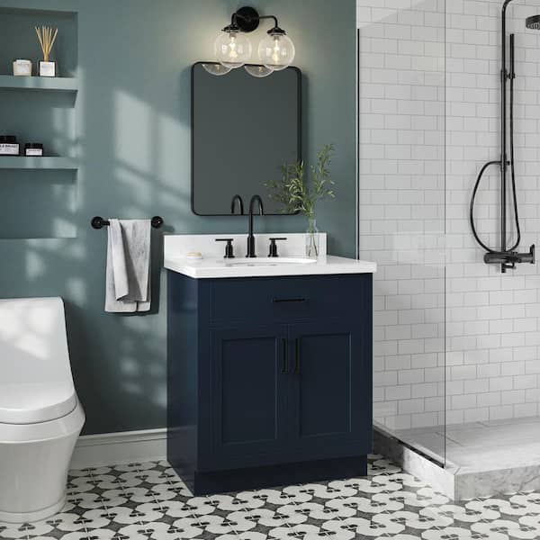 ARIEL Hepburn 30 in. W x 22 in. D x 36 in. H Single Sink Freestanding Bath Vanity in Midnight Blue with Carrara Qt. Top